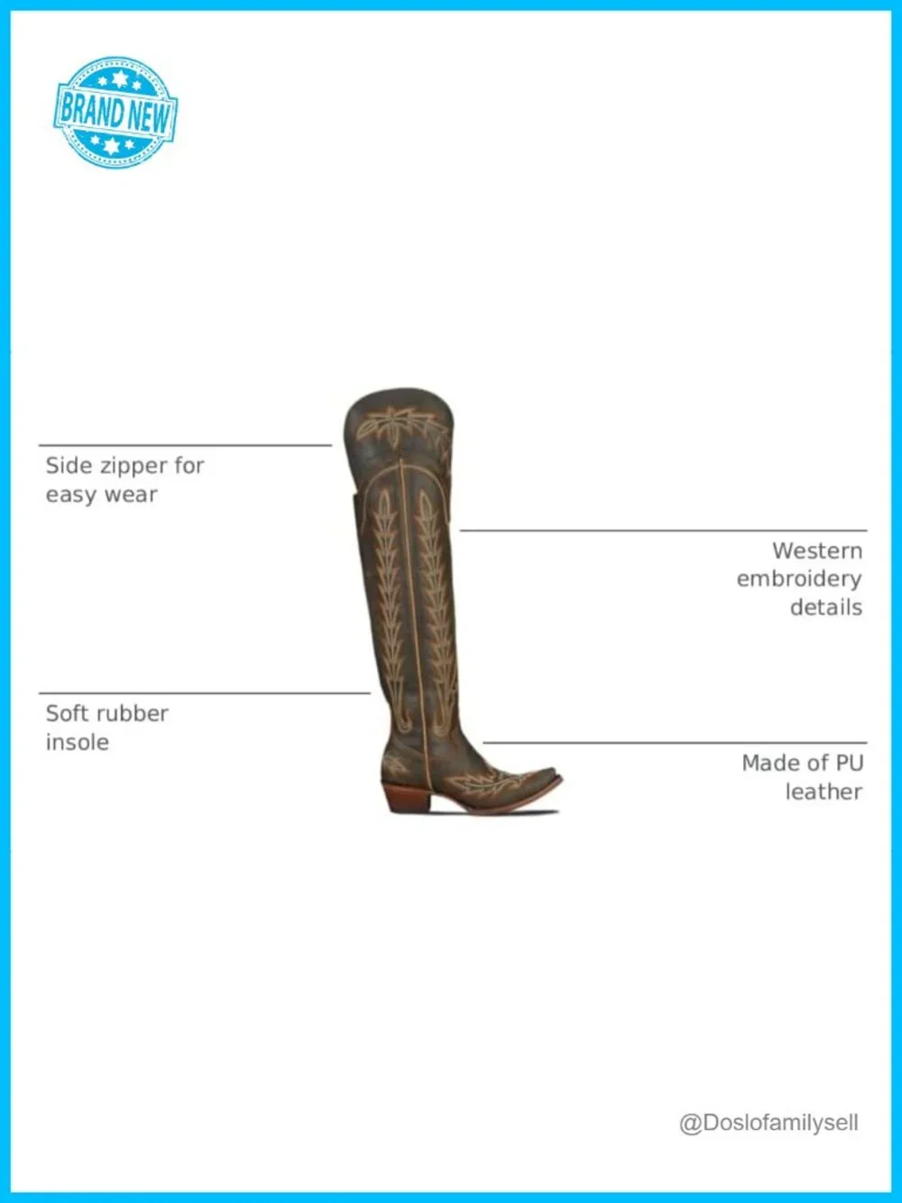 Over the Knee Embroidery Cowboy Boots Chunky Heel Side Zipper PU Leather Thigh